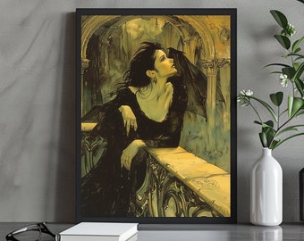 Mysterious Gothic Winged Woman Art Print | Dark Fantasy Portrait on Ornate Balcony | Elegant Gothic Wall Art | Ethereal Home Decor