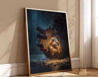 Golden D20 Dice Wall Art - Epic Fantasy DND Poster Print - Glowing RPG Tabletop Decor - Digital Artwork for Gamers