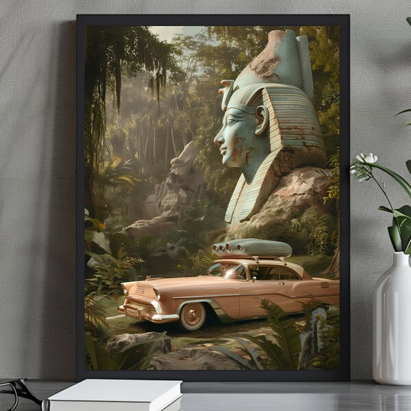 Sphinx, Sphynx in the forest, Retro Car, Old pink car, jungles
