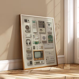 May include: A framed display of vintage electronics, including a small television, headphones, and various control panels. The items are arranged on a white background within a gold frame, leaning against a beige wall. The image captures a nostalgic theme.