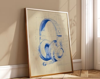 Gaming Headphones Wall Art - Tech Sketch Poster for Gamers Streamers Room Decor