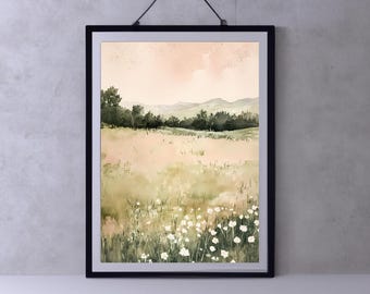 Wildflower Landscape Printable Art, Spring Print, Flower Field Landscape Oil Painting, Vintage Style decor, Summer Print