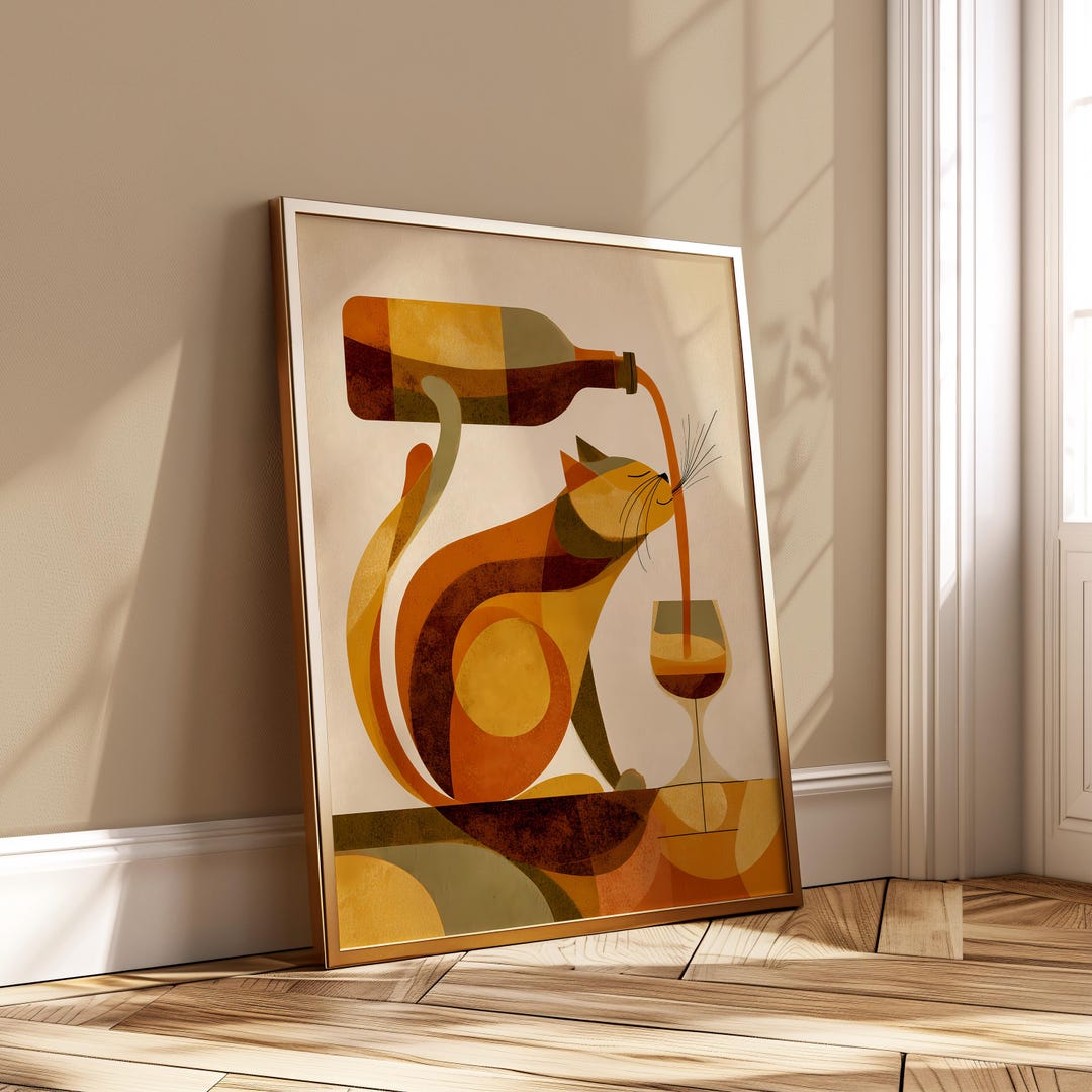 Funny Cat Wine Poster - Abstract Art Print Kitchen Wall Decor Playful ...