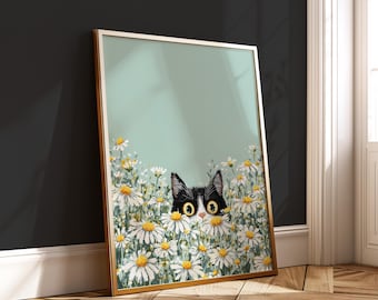 Tuxedo Cat in Daisy Field - Digital Printable Poster - Whimsical Floral Nursery Wall Art Decor