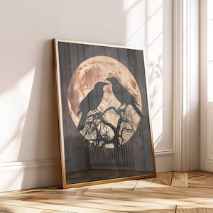 Raven Couple Full Moon Print – Gothic Night Silhouette Wall Art – Digital Download – Dark Forest Raven Poster for Witchy Decor