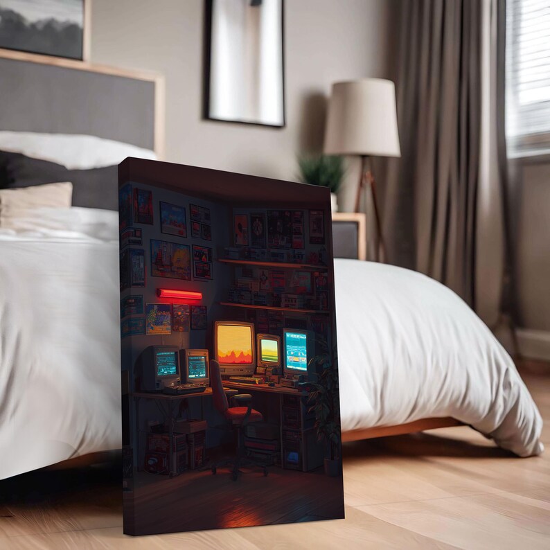 Retro Gaming Workspace Poster Neon Vintage Computer Setup Wall Art Cozy ...