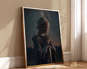 Peaceful Warrior Girl Poster - Fantasy Sword Woman Art Print - Galaxy Starry Sky Digital Wall Decor