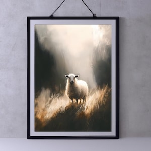 Lamb Field Landscape | Sheep Painting, Farm Animal Print, Vintage Wall Decor, Antique Oil Painting, Moody Decor, Digital Download, Printable