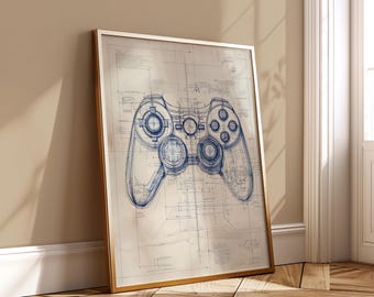 Blueprint Game Controller Digital Poster - Geeky Gamer Wall Art Print - Video Decor Gift for Him - Instant Download