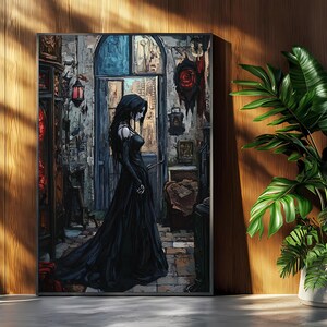 Gothic Digital Art | Frau in schwarzem Kleid in stimmungsvollem Interieur | Dunkle ästhetische Wandkunst | Digitaler Download