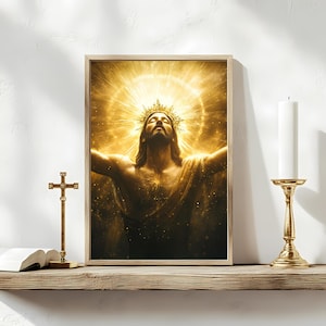 Jezus gekroond in heerlijkheid | Stralende koning van de hemelkunst | Goddelijk licht christelijke print JPG | Poster geloofskracht | Spirituele hemelvaart downloaden
