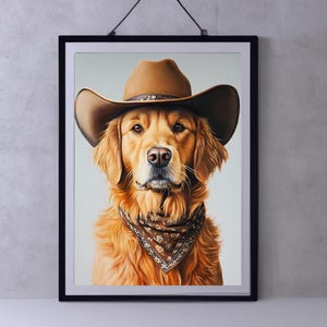 Dog with Cowgirl Hat Art Print | Neutral Vintage Aesthetic | Funky Western Wall Art | Trendy Puppy Print | Digital Western Cowgirl Decor