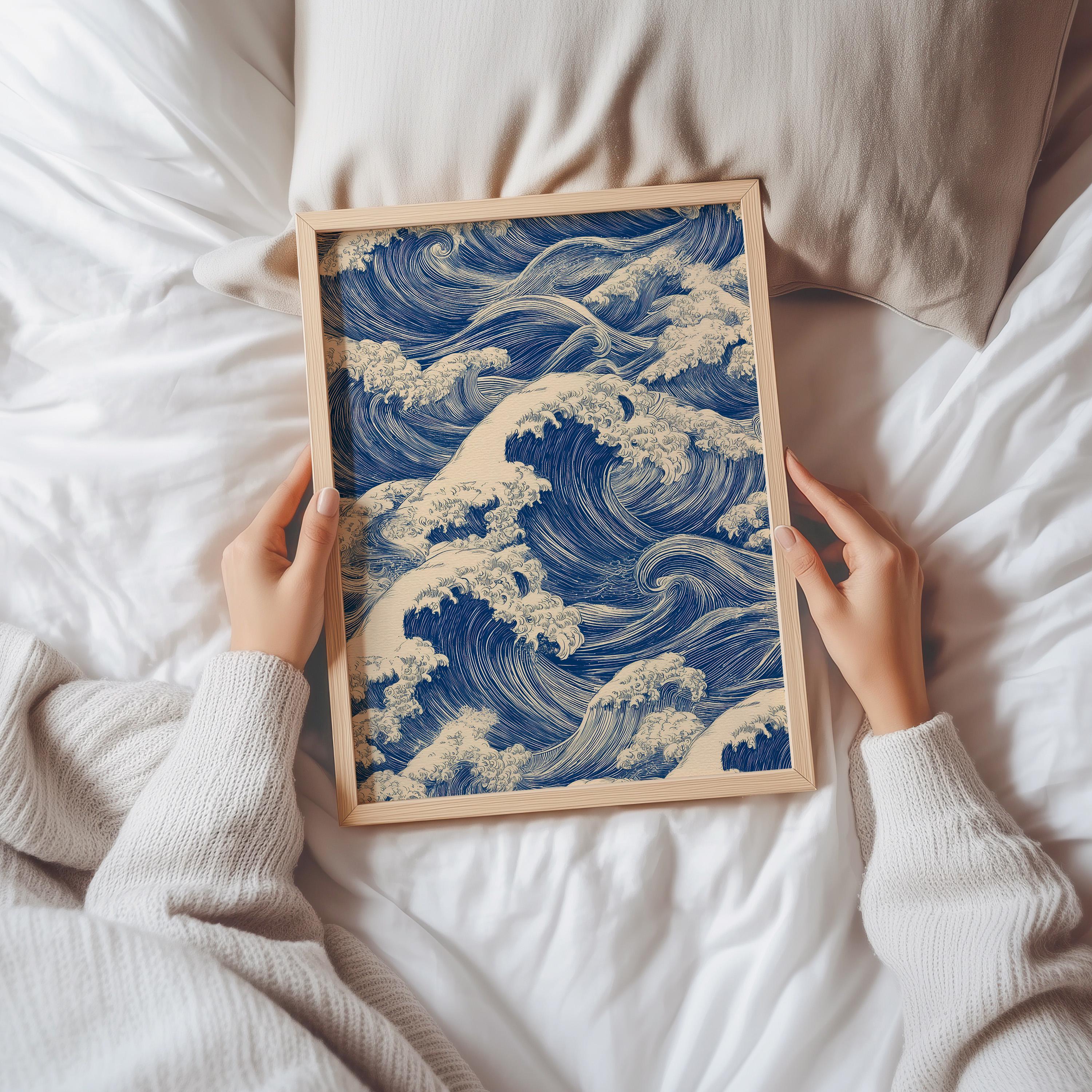 Seamless Japanese Wave Pattern – Vintage Ocean Line Art – Digital