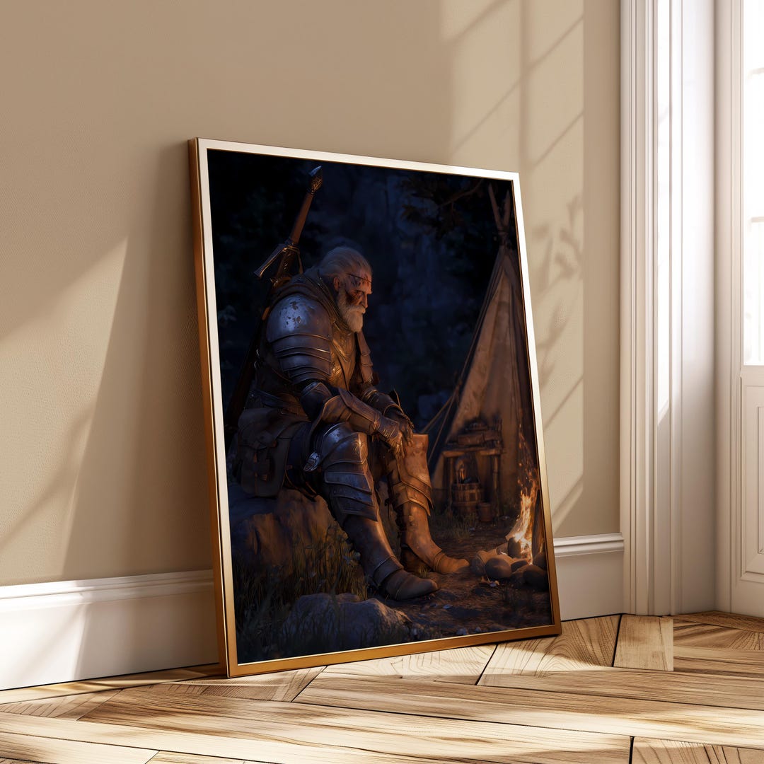 Warrior Campfire Poster - Dark Fantasy Elder Knight Wall Art - RPG ...