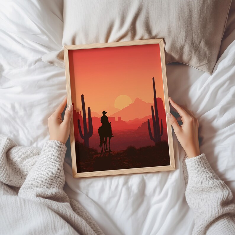 Cowboy Desert Sunset Poster - Western Rider Wall Art - Rustic Country ...