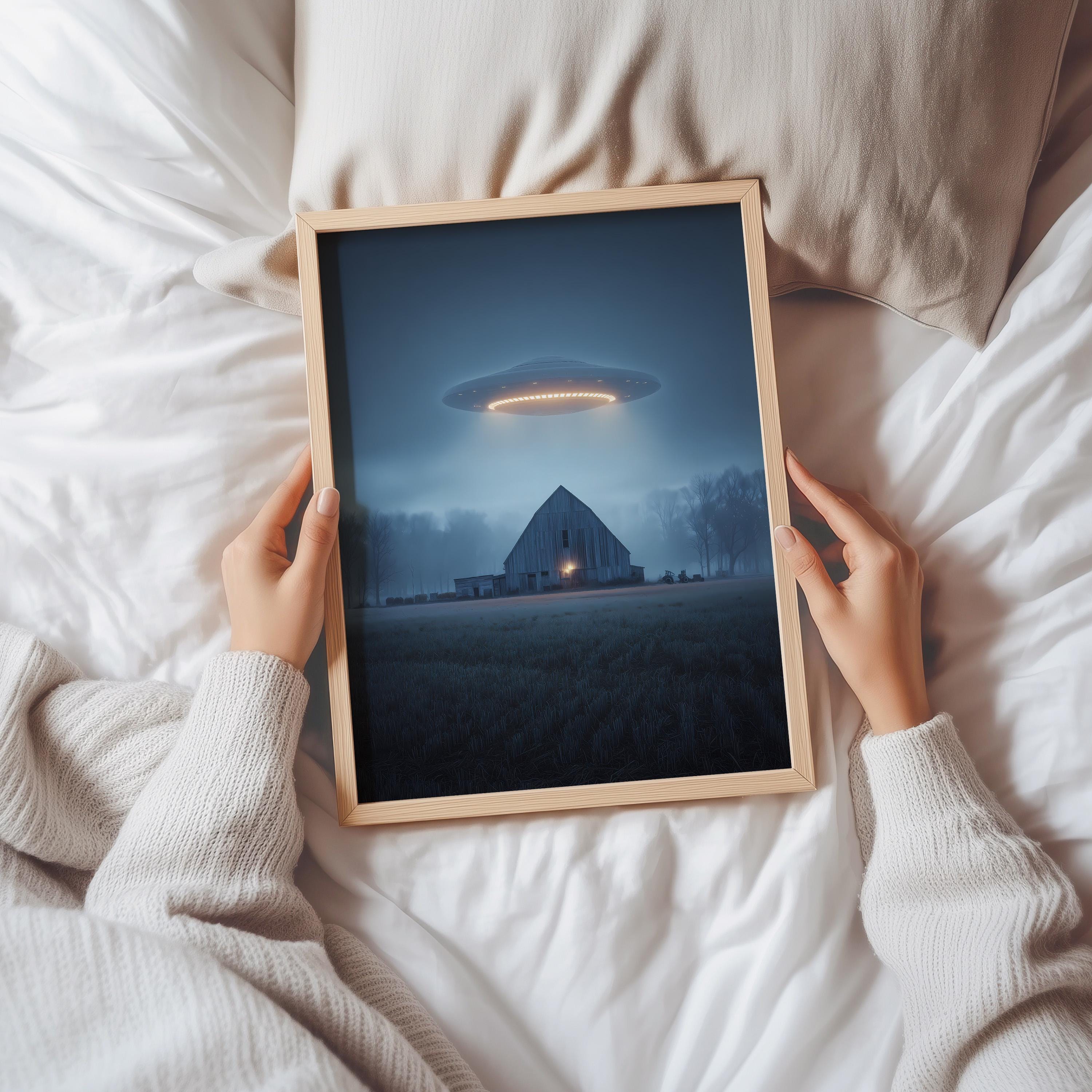 UFO Farm Poster – Alien Spaceship Over Barn – Sci Fi Landscape Art ...