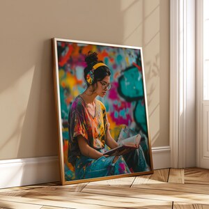 Reading Woman Headphones Wall Art Colorful Street Art Poster Book Lover Print Printable Digital Download Urban Style