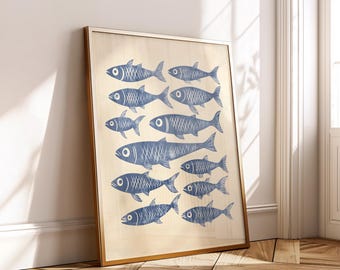 Retro Blue Fish Poster - Minimalist Vintage Kitchen Wall Art - Nautical Coastal Seafood Printable Decor