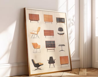 Mid Century Modern Furniture Poster - Eames Style Chairs Retro