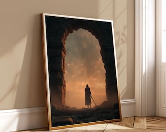 Lone Warrior Poster - Cinematic Fantasy Art Print - Epic Knight at Sunset Digital RPG Wall Decor for Gamers - Instant Download