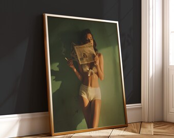 Retro Woman Smoking Poster - Moody Boudoir Digital Art Print - Vintage Noir Wall Decor