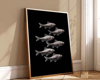 Vintage Engraved School of Fish Wall Art - Black White Sea Life Poster Minimalist Nautical Coastal Decor Printable