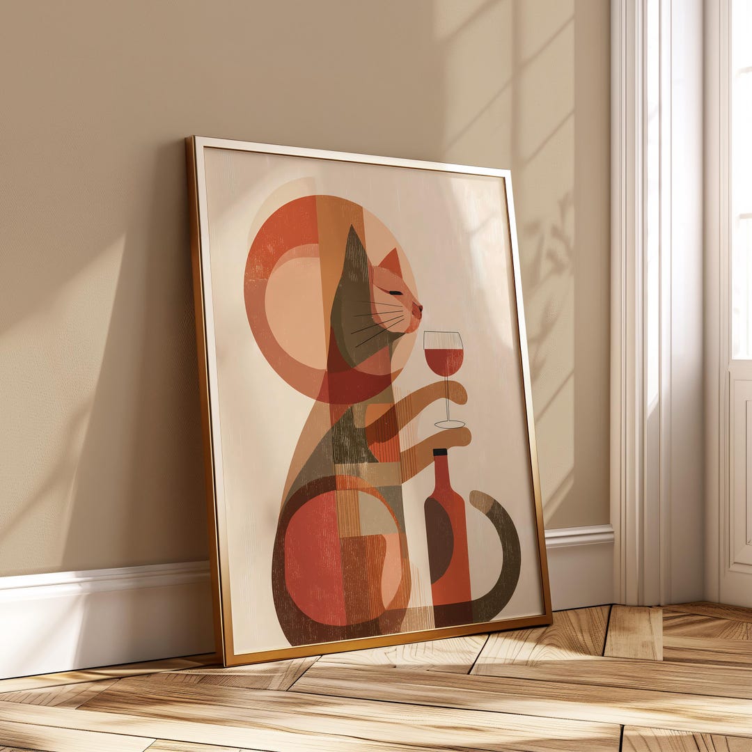 Funny Cat Wine Wall Art - Abstract Retro Kitchen Decor Printable ...