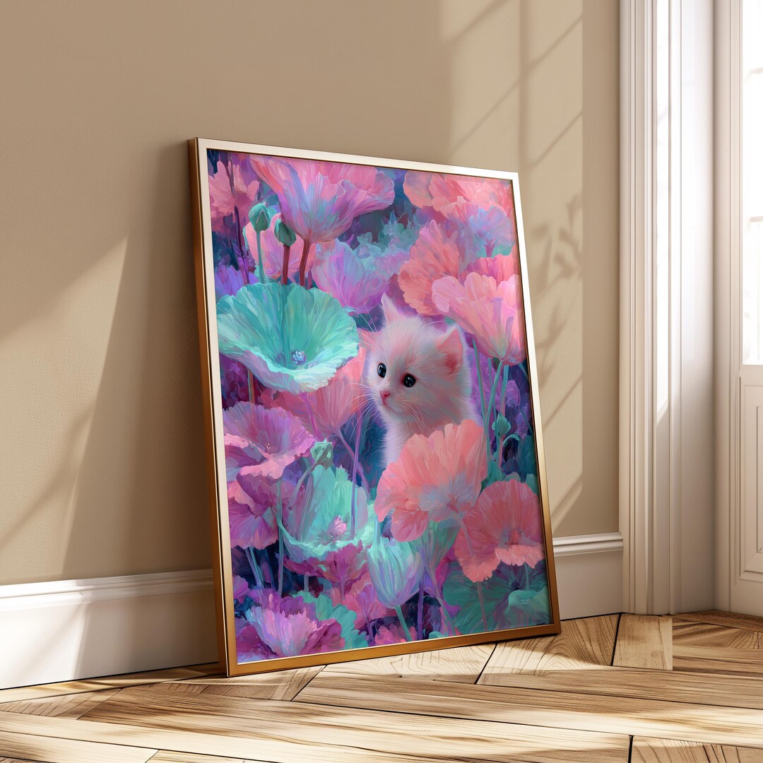 Cute Kitten Flower Wall Art Printable - Pastel Floral Poster - Kawaii ...