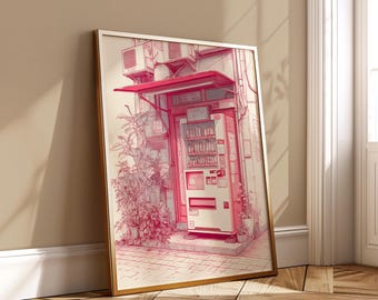 Japanese Vending Machine Print - Urban Tokyo Street Sketch - Minimalist Architecture Wall Art Digital Download