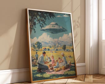 UFO Picnic Poster - Vintage 1950s Family Flying Saucer Retro Midcentury Wall Art Alien Decor Downloadable Print