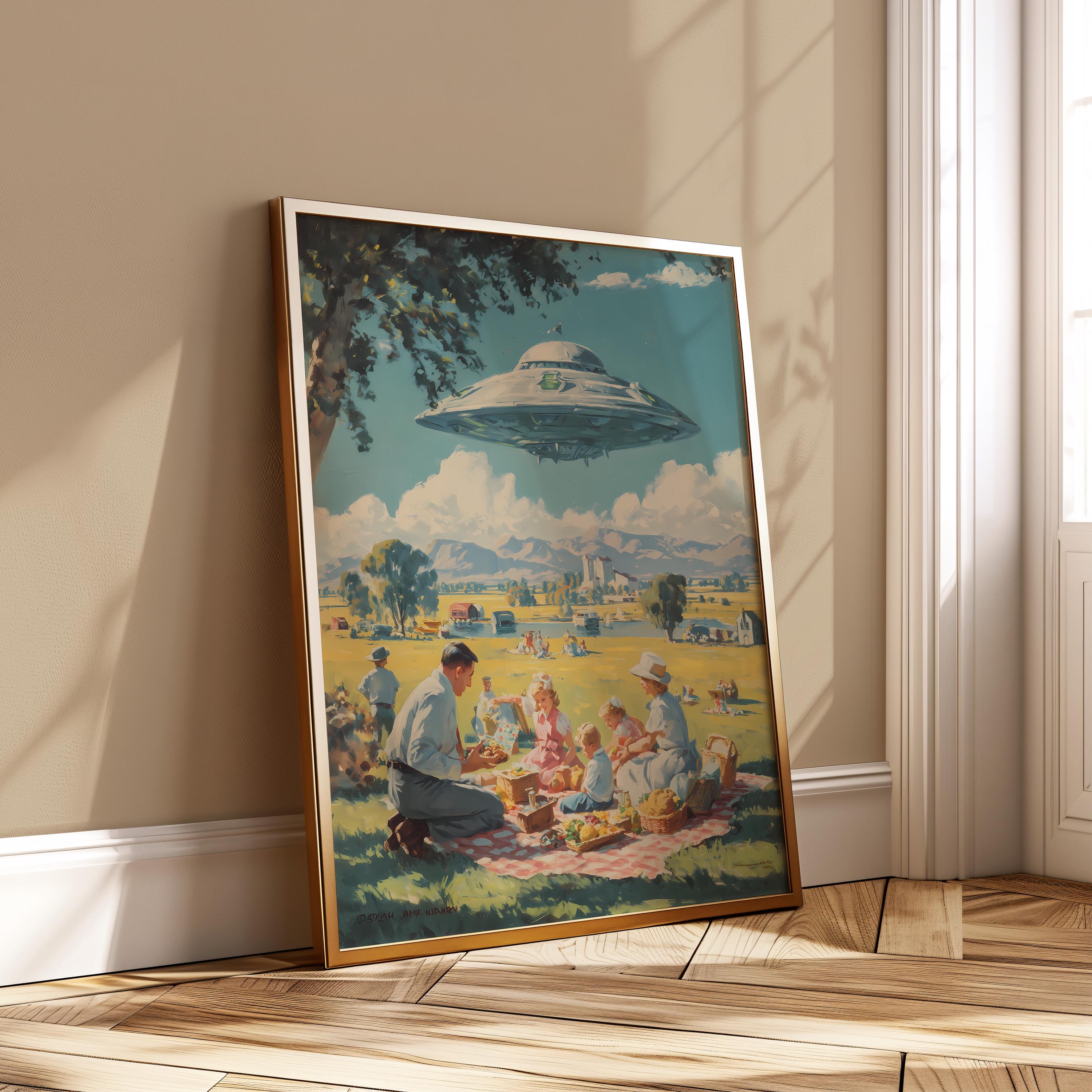 UFOピクニックポスター - ヴィンテージ1950年代ファミリーフライング 