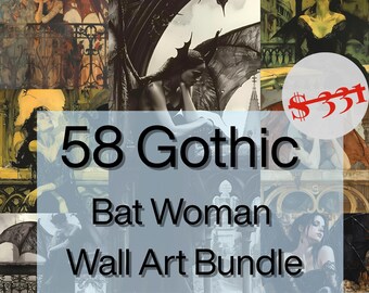 Bat Woman Gothic Wall Art Bundle – 58 Dark Aesthetic Printable Posters – Moody Victorian Balcony Decor Instant Download Vampire Decor