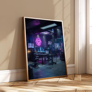 Cyberpunk Gaming Setup Wall Art Neon Hacker Room Illustration Tech Workspace Decor Gamer Poster Digital Download