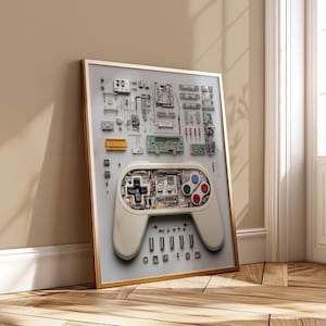 Retro Gaming Controller Blueprint Art - Exploded Tech Poster Minimalist Video Game Wall Decor Digital Download Printable