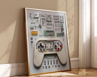 Retro Gaming Controller Blueprint Art - Exploded Tech Poster Minimalist Video Game Wall Decor Digital Download Printable