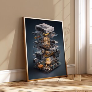 Retro Game Console Poster Exploded View Wall Art Gaming Hardware Illustration Tech Print