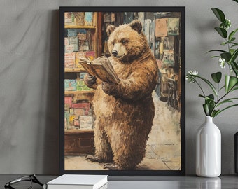 Whimsical Bear Reading Art Print - Cozy Animal Wall Decor, Cottagecore , Book Lover Gift, Nursery Room Artwork