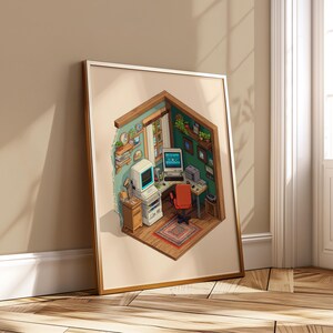 May include: A framed print depicts a retro computer setup in a stylized room. The scene includes a vintage computer, desk, red chair, and a small rug. The room is decorated with plants and artwork, creating a nostalgic aesthetic.