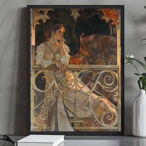 Elegante Gothic Steampunk Frau Kunstdruck | geflügelte Dame auf Balkon | Viktorianische Fantasy Wand Kunst | Geheimnisvolles hintergründiges Dekor