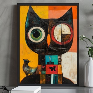 Abstract Cat Art Print, Quirky Geometric Design, Vibrant Modern Decor for Cat Lovers, Unique Wall Art