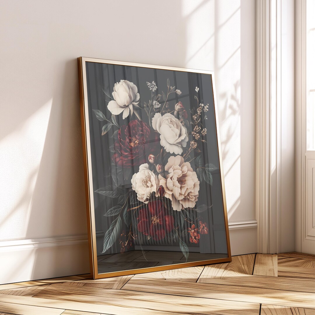 Dark Floral Print: Baroque Peony Rose Vintage Botanical Art Digital ...