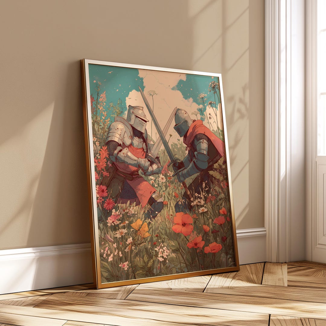 Medieval Knight Duel Poster – Floral Fantasy Battle Art Print ...