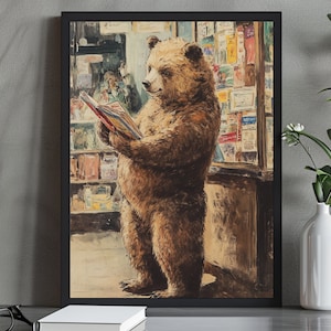 Skurril Bär Illustration Illustration | Vintage Tierbuchladen Kunst | Digitaler Download Druck | Perfekt für Buchliebhaber | Gemütliche Kinderzimmer Dekor