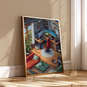 May include: A framed print showing a detailed illustration of a home office. The artwork includes a red office chair, multiple computer monitors, a red sofa, and a small green table. The room is filled with plants, artwork, and a window overlooking a green landscape.