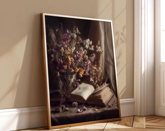 Romantic Floral Book Print - Vintage Cottagecore Wall Art - Literary Lover Gift - Instant Digital Download