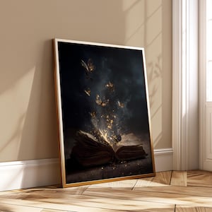 Enchanted Book Wall Art – Golden Butterflies Fantasy Poster – Dark Academia Decor – Magical Antique Grimoire Print – Instant Download