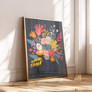 Impresión de jarrón floral moderno – Arte mural botánico llamativo – Póster digital con fondo oscuro para descarga instantánea