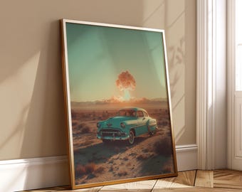 Vintage Car Nuclear Blast Poster Retro Desert Apocalypse Art Cinematic Scene Digital Download Dramatic Wall Art