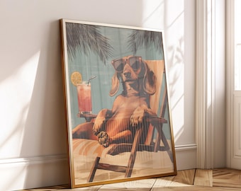 Beach Dog Wall Art - Funny Dachshund Vacation Print - Retro Summer Pup Poster - Digital Download for Tiki Bar