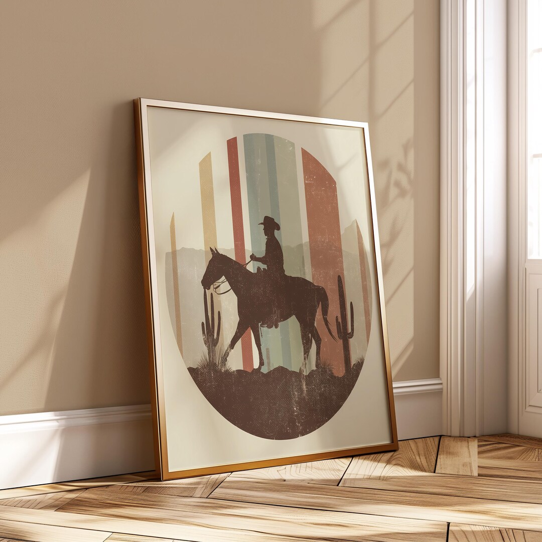 Western Cowboy Wall Art - Retro Horse Rider Desert Silhouette With ...